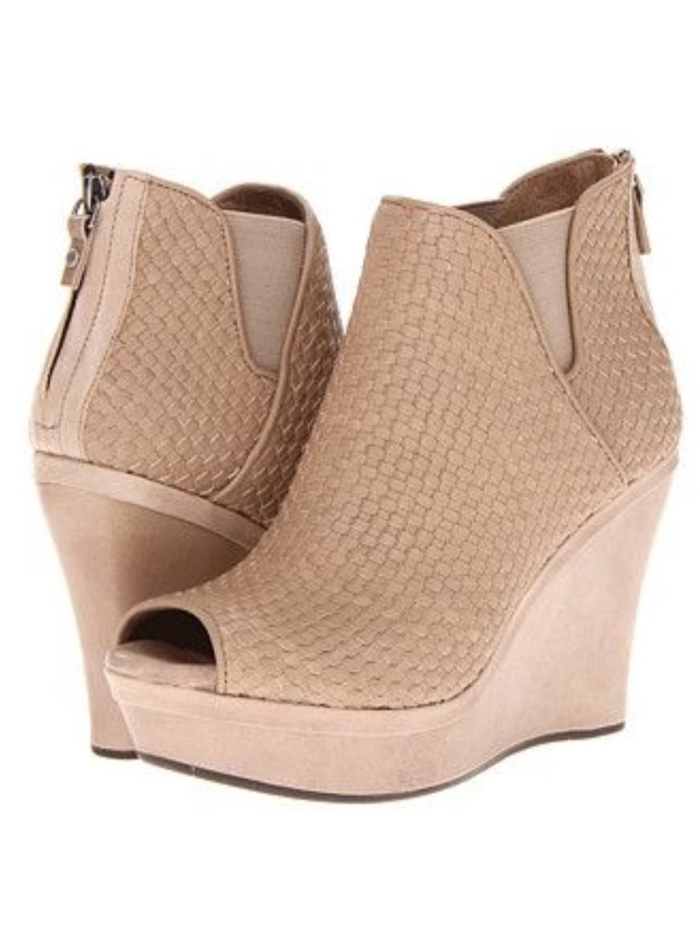 Ugg Nude Taupe Woven Peep-Toe Wedge Booties Back Zip